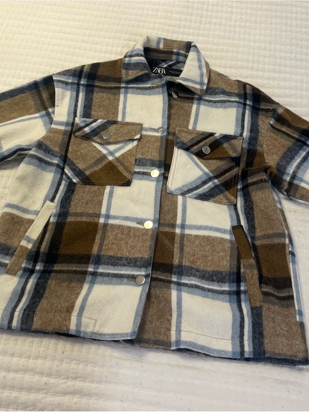 Zara Brown, Blue & White Plaid Button-Front Shacket